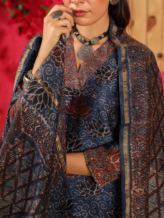 Zayla Kamal Chanderi Suit Set with Hand-Block Printed Ajrak Design