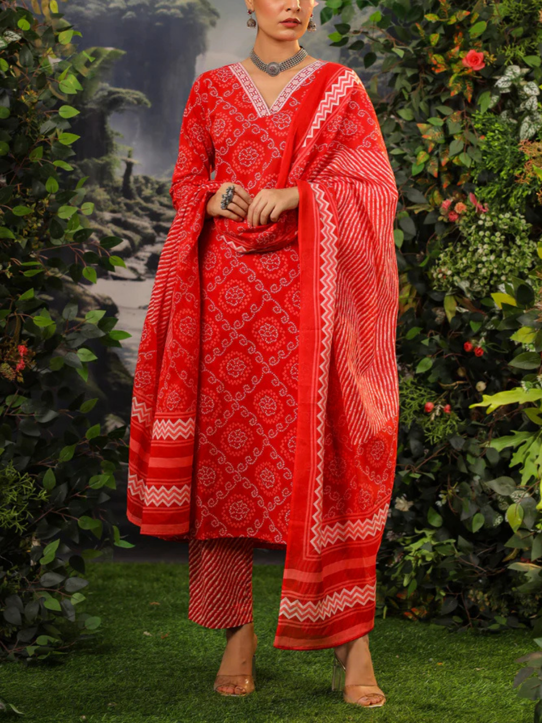 Zayla Red Bandhej Cotton Suit Set with Hand-Block Print