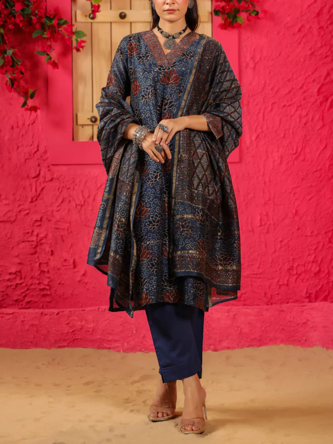 Zayla Kamal Chanderi Suit Set with Hand-Block Printed Ajrak Design