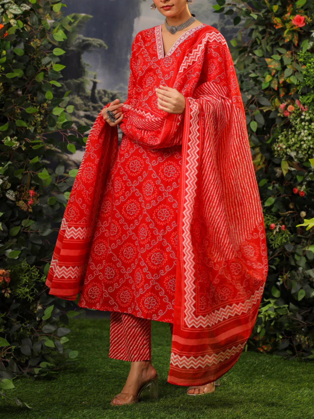 Zayla Red Bandhej Cotton Suit Set with Hand-Block Print