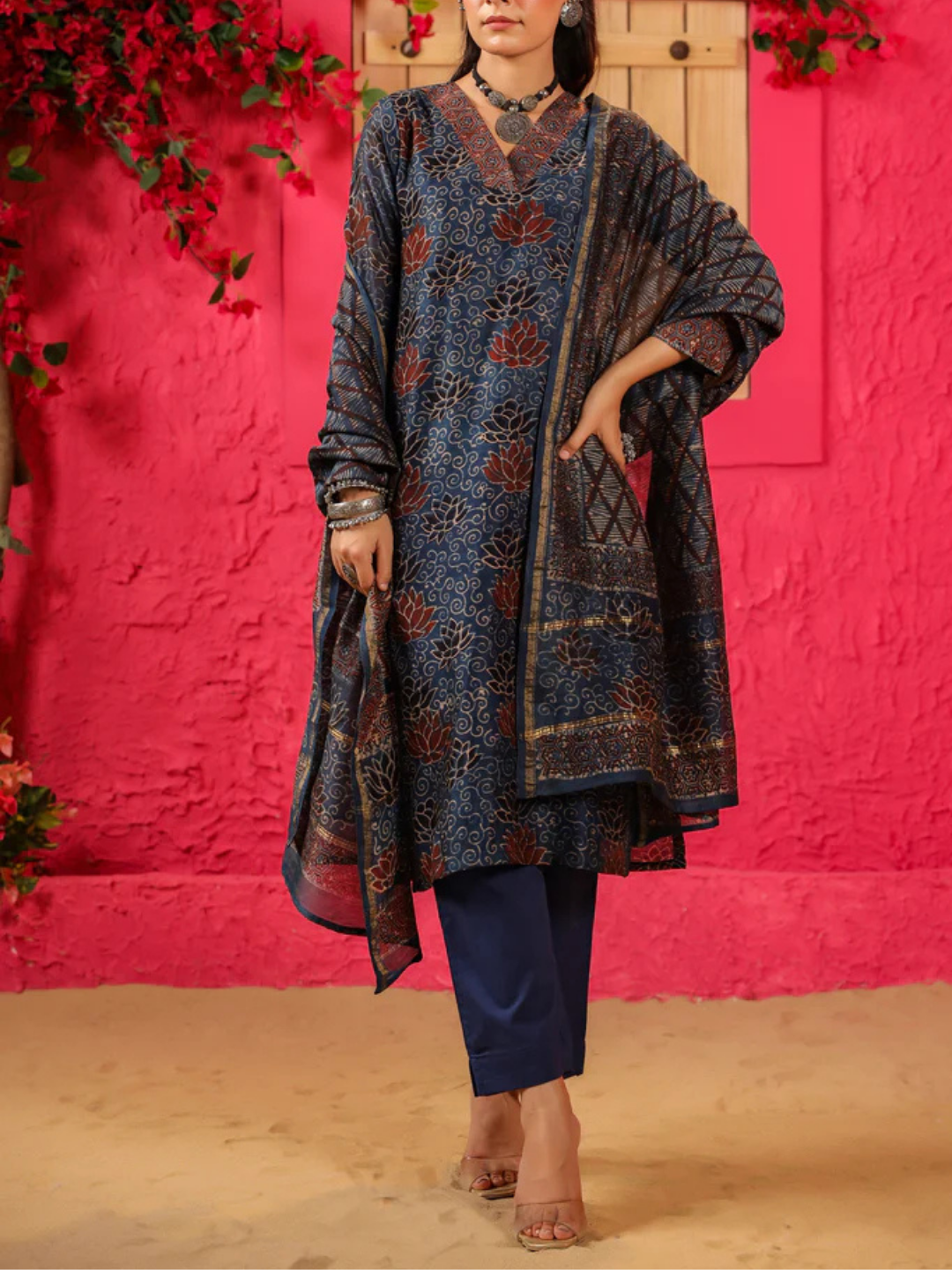 Zayla Kamal Chanderi Suit Set with Hand-Block Printed Ajrak Design