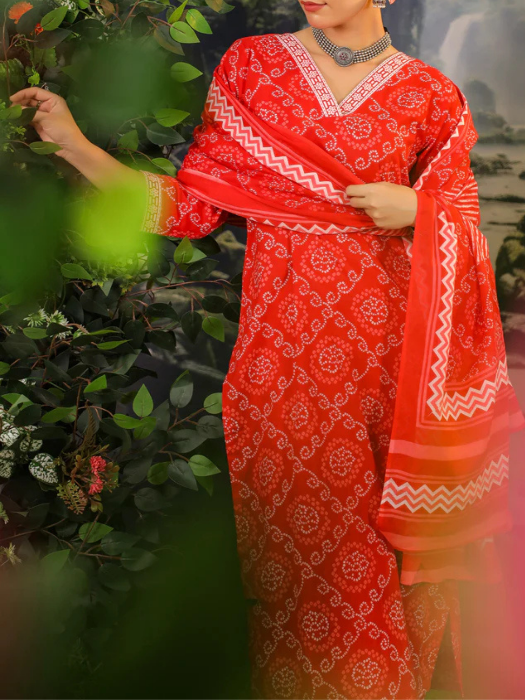 Zayla Red Bandhej Cotton Suit Set with Hand-Block Print