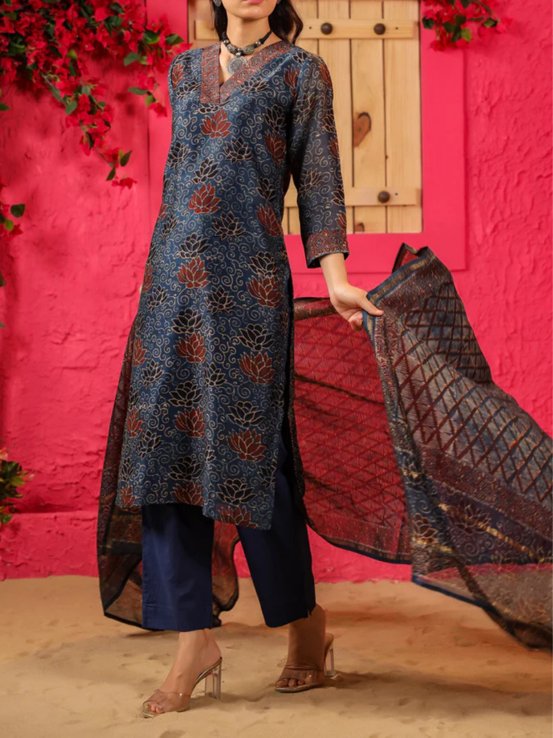 Zayla Kamal Chanderi Suit Set with Hand-Block Printed Ajrak Design