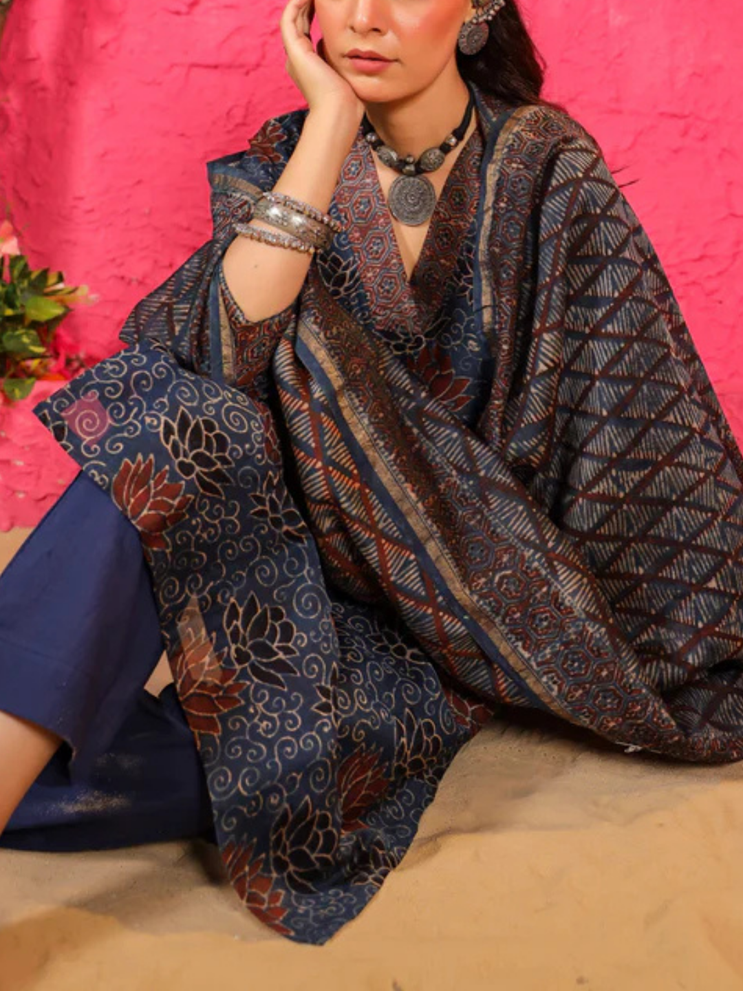 Zayla Kamal Chanderi Suit Set with Hand-Block Printed Ajrak Design