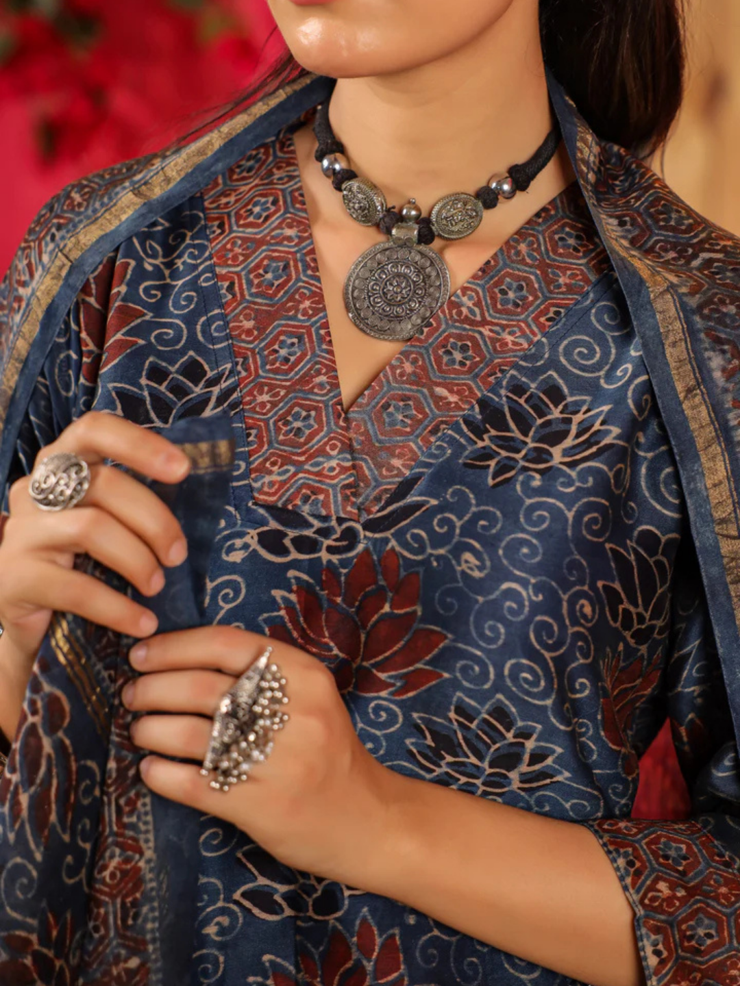 Zayla Kamal Chanderi Suit Set with Hand-Block Printed Ajrak Design