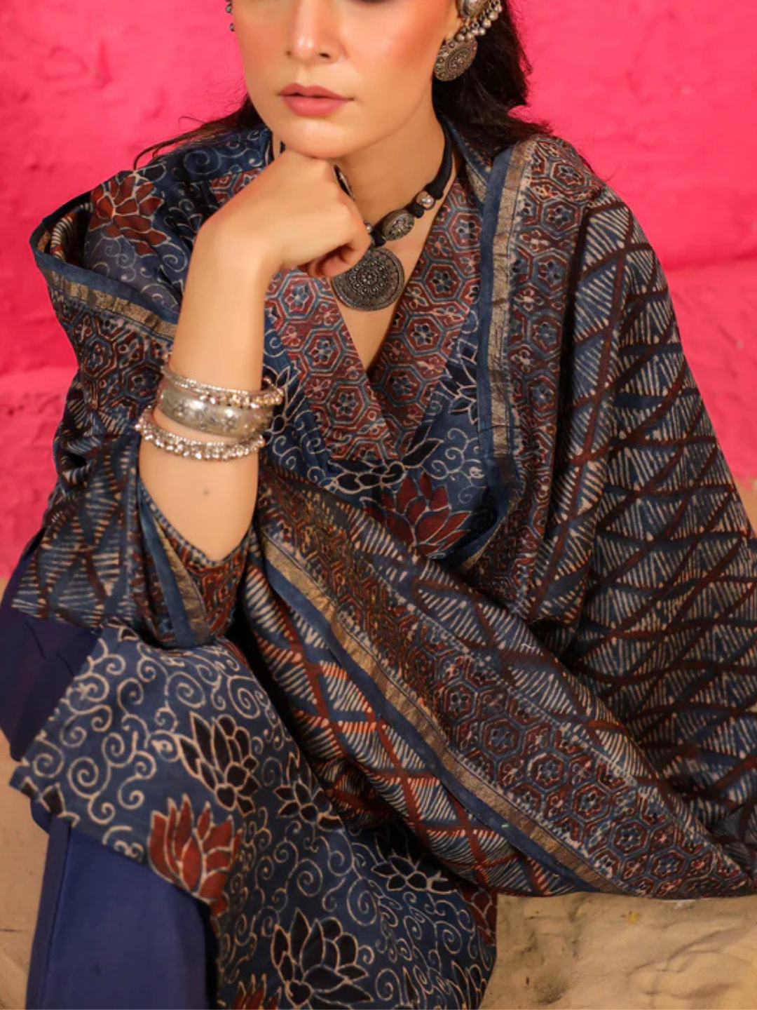 Zayla Kamal Chanderi Suit Set with Hand-Block Printed Ajrak Design