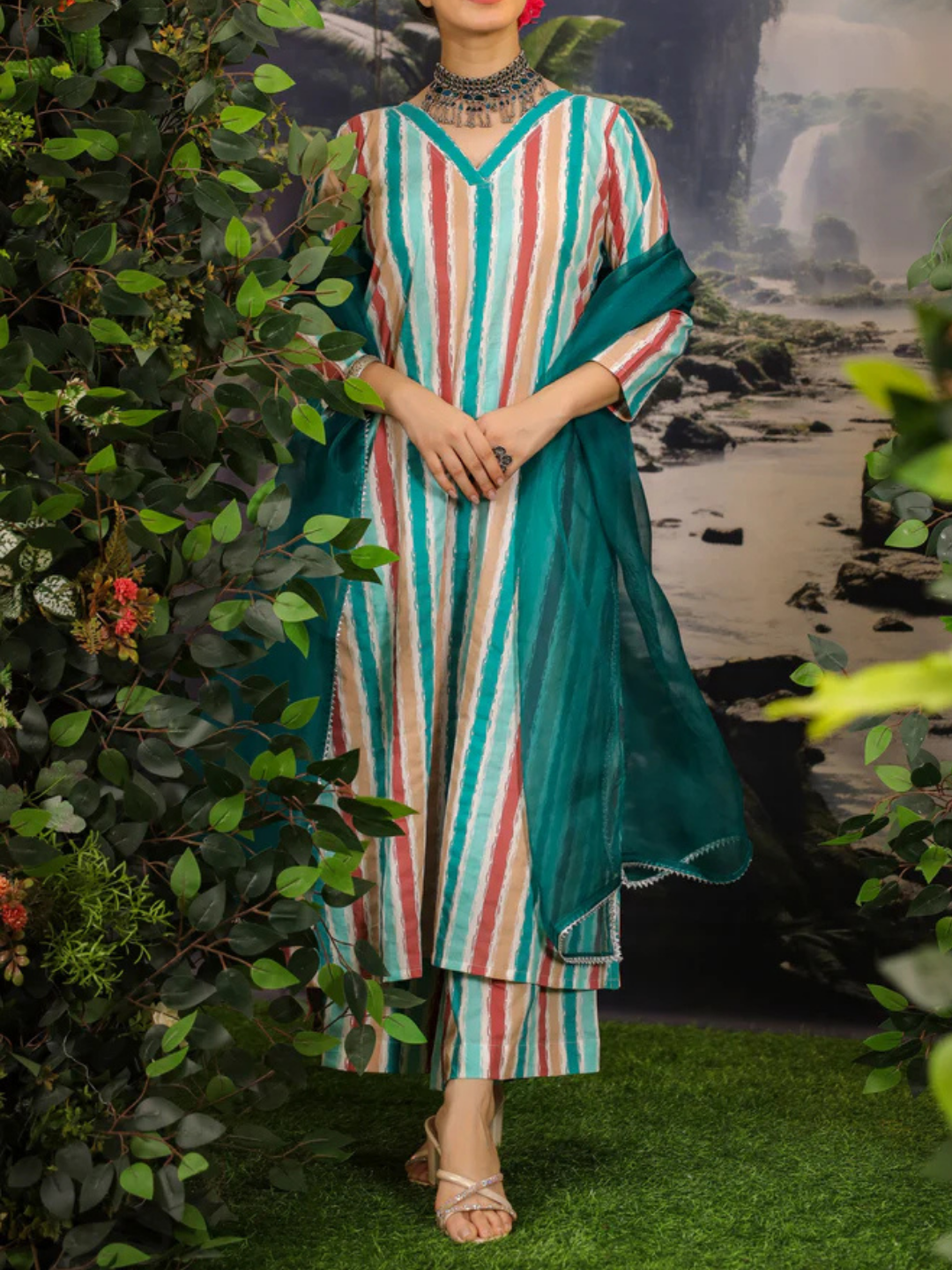 Zayla Zaheeda Cotton A-Line Kurta Set with Multicolored Print