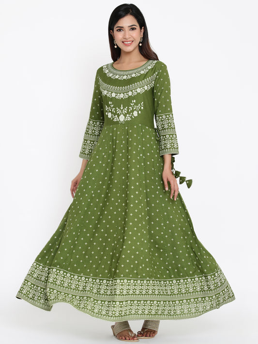 Zayla Green & White Anarkali Kurta - A Timeless Ethnic Elegance