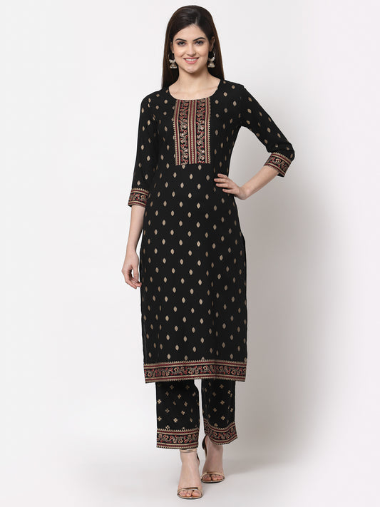 Zayla Black Rayon Kurta Palazzo Set with Gold Print - Timeless Elegance