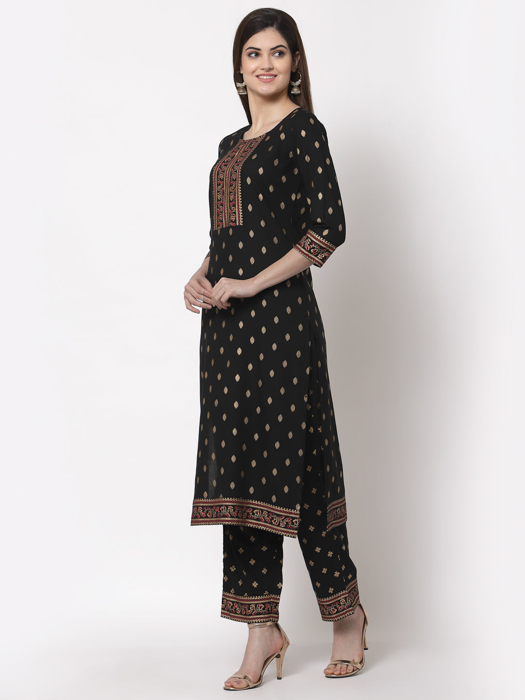 Zayla Black Rayon Kurta Palazzo Set with Gold Print - Timeless Elegance