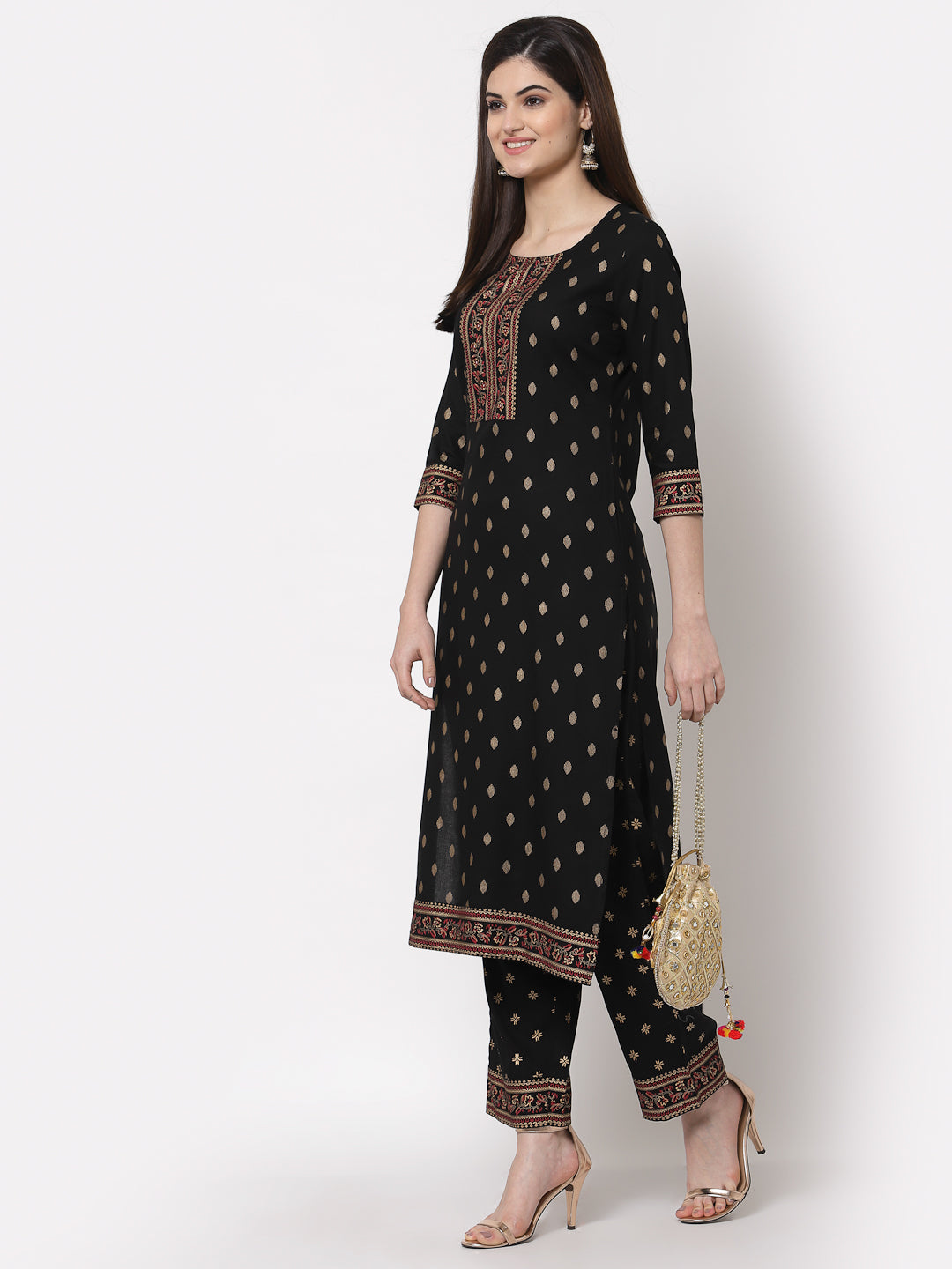 Zayla Black Rayon Kurta Palazzo Set with Gold Print - Timeless Elegance