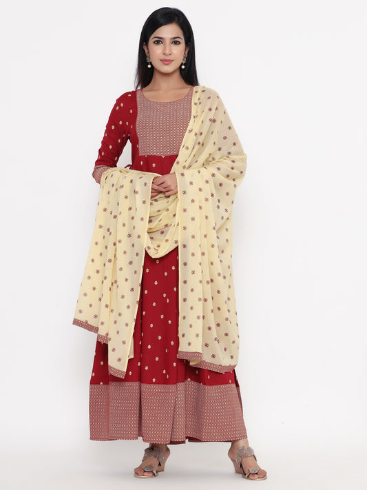 Zayla Maroon Printed Anarkali Kurta with Dupatta - Timeless Elegance