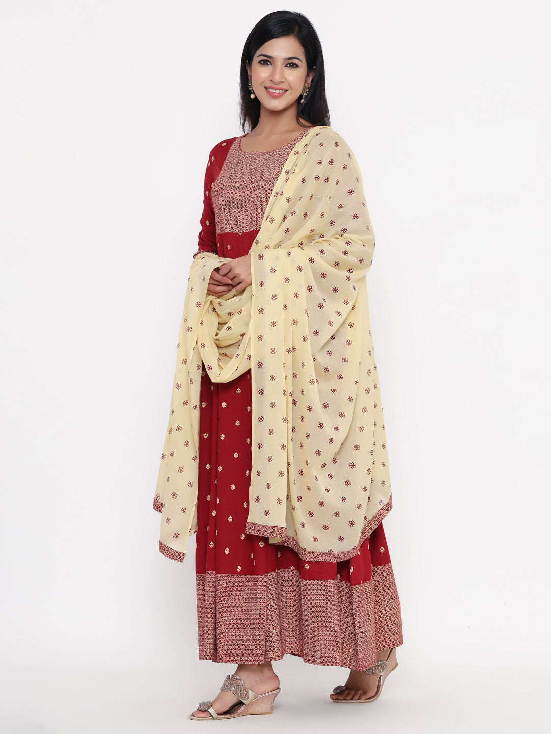 Zayla Maroon Printed Anarkali Kurta with Dupatta - Timeless Elegance