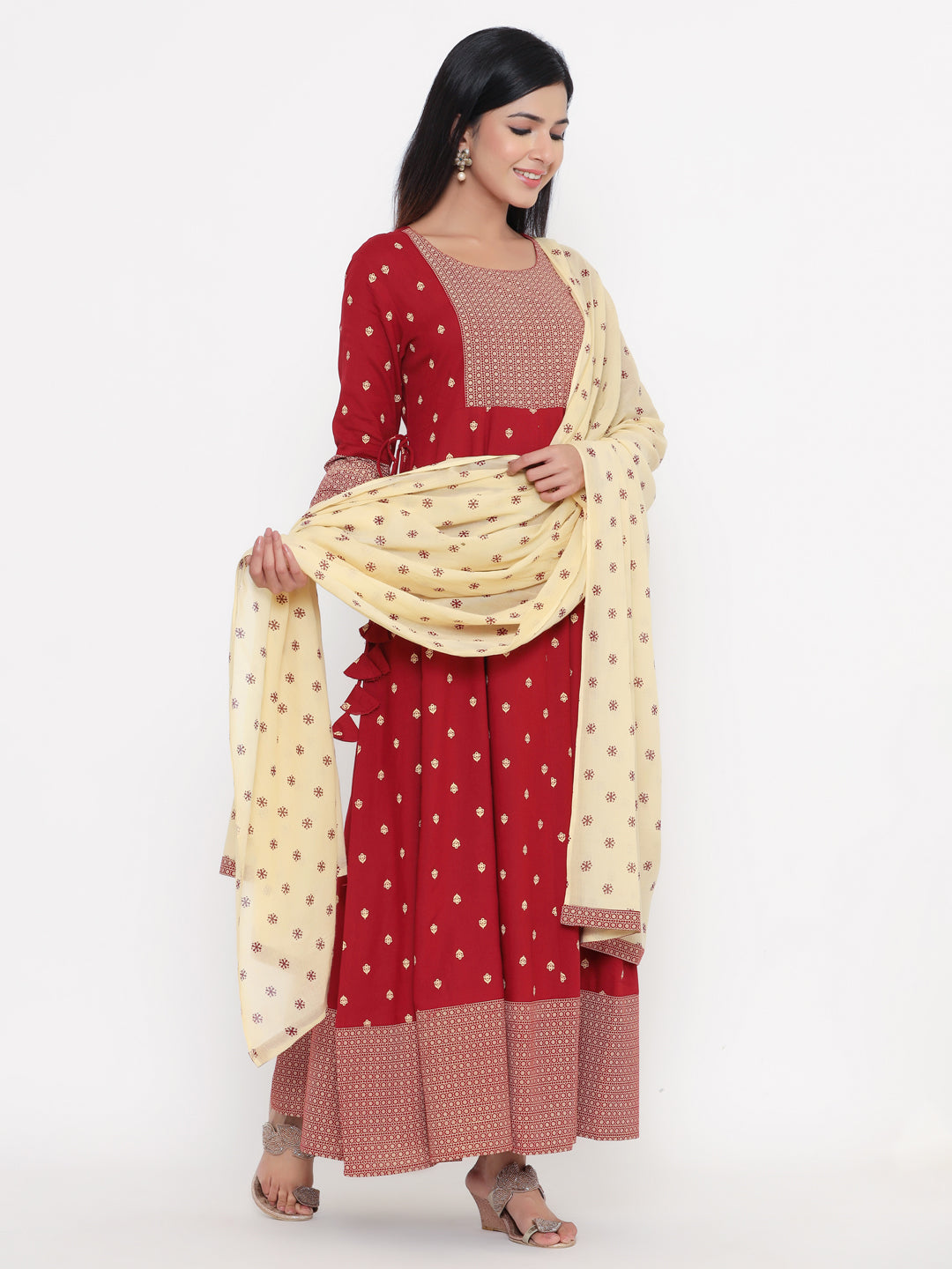 Zayla Maroon Printed Anarkali Kurta with Dupatta - Timeless Elegance