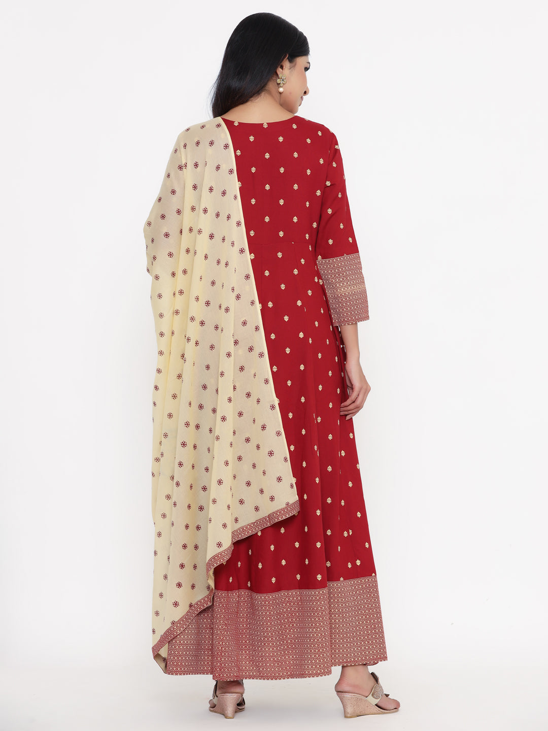 Zayla Maroon Printed Anarkali Kurta with Dupatta - Timeless Elegance